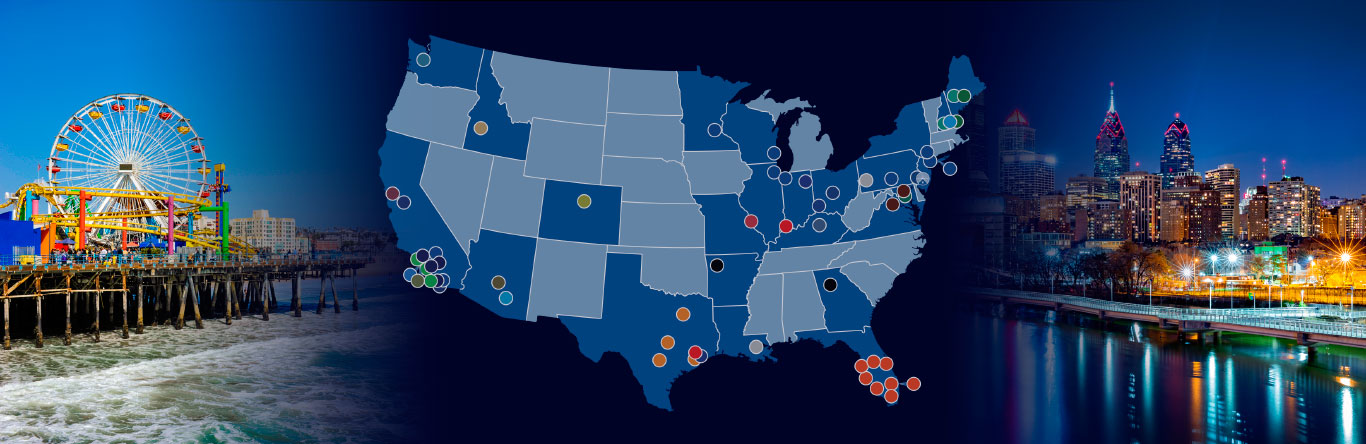 TRG Coast to Coast image Map showing location of TRG companies in U.S.